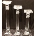 Set of three Irish Shannon Crystal graduated glass candlesticks. Not available for in-house P&P,