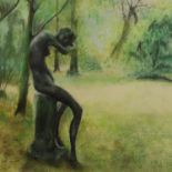 Unknown 20th century pastel on card, Weeping In The Garden, unsigned, 34 x 29 cm. Not available