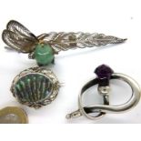 Three silver stone set brooches, including abalone and jade set, combined 23g. P&P Group 1 (£14+