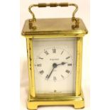 Brass Bayard eight day carriage clock with bevelled glass panels, H: 11 cm. Working at lotting. P&