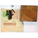 Burr walnut box containing fuel ration books and pen nibs. P&P Group 1 (£14+VAT for the first lot