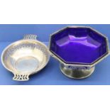 Hallmarked silver dish of Quaich form S&B Birmingham assay and a small bowl with glass liner. P&P