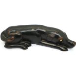 Georgian table snuff box in the form of an ebonised wood reclining dog with bone eyes, L: 12 cm. P&P