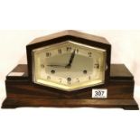 Oak cased Art Deco hexagonal Westminster chime mantel clock, H: 20 cm, working at lotting. Not