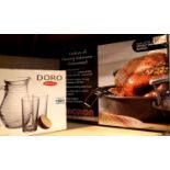 Doro seven piece glass beverage set, a boxed Circulon roasting dish with rack and an IKEA desk top