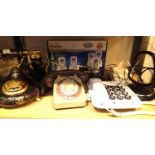 Mixed vintage telephones including Rotary push button and wireless sets. Not available for in-