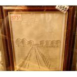 Framed pencil sketch of a countryside road after LS Lowry. Not available for in-house P&P, contact