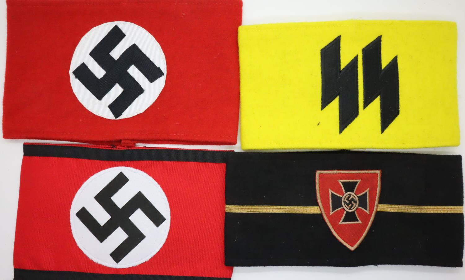 Four good quality embroidered wool replica German WWII armbands, including veterans, SS etc. P&P