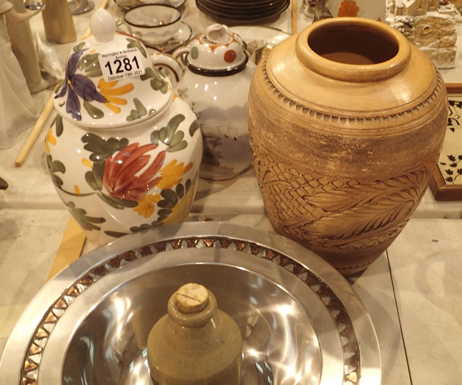 Two large ceramic vases and a large metal fruit bowl. Not available for in-house P&P, contact Paul