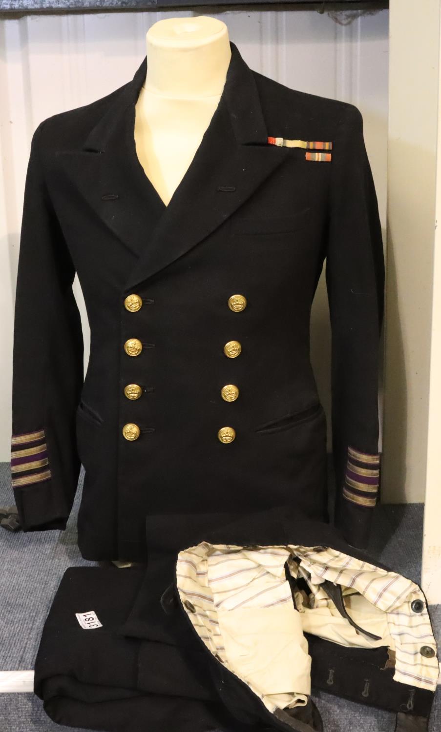 Merchant Navy Masters tunic with embroidered cuff ranks, WWII ribbons and trousers. P&P Group 3 (£