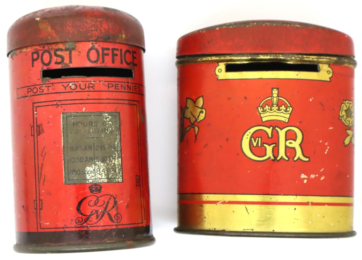 Two George V tin money boxes. P&P Group 1 (£14+VAT for the first lot and £1+VAT for subsequent lots)