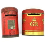 Two George V tin money boxes. P&P Group 1 (£14+VAT for the first lot and £1+VAT for subsequent lots)