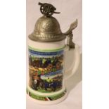 German pewter covered stein with depictions of Imperial German military scenes. P&P Group 2 (£18+VAT