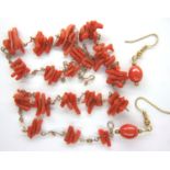 Coral necklace and earrings set with yellow metal mount necklace L: 42 cm, earring L: 32 mm. P&P