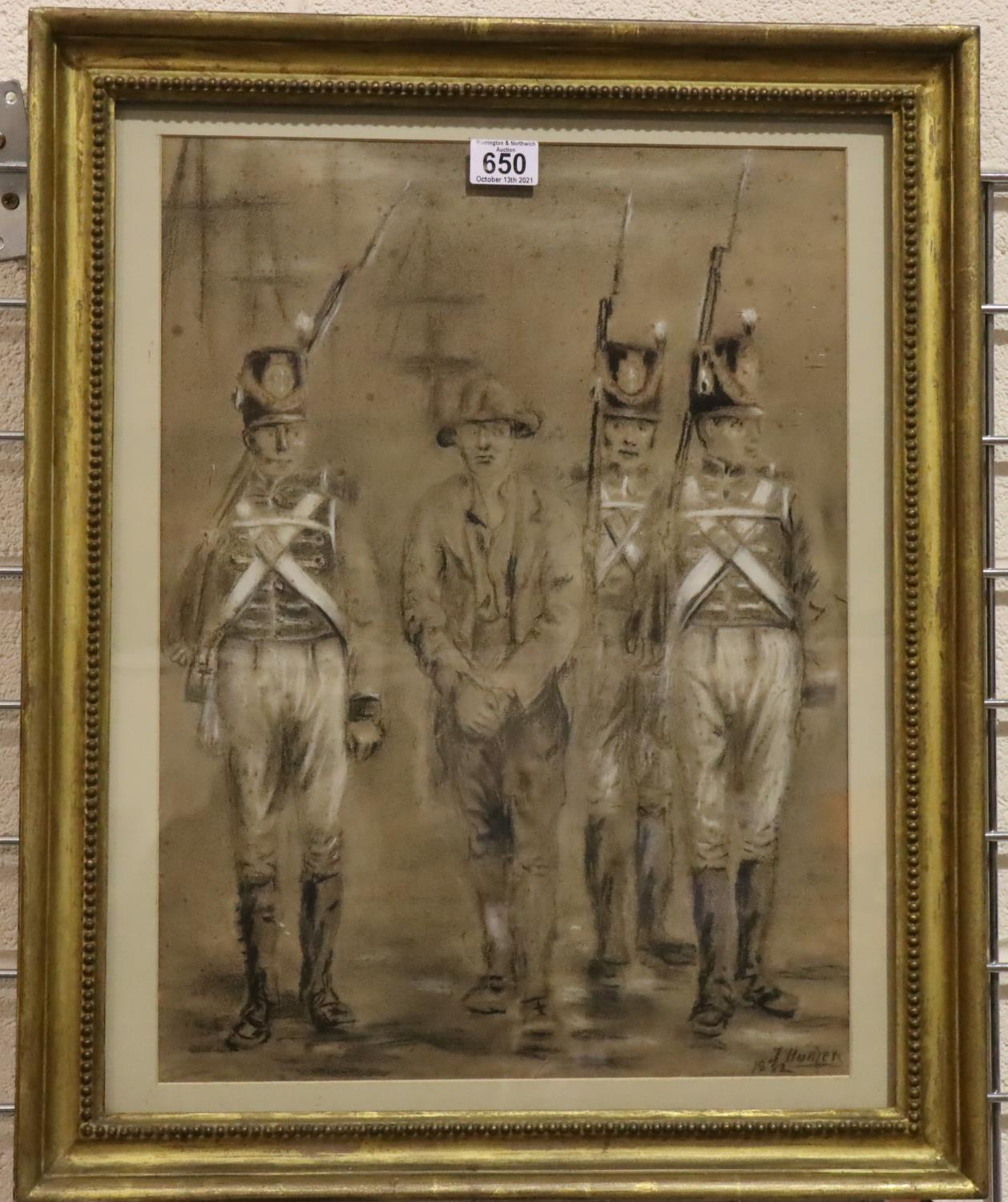 Attributed to John Hunter (19th century); charcoal on paper Escorting The Prisoner, signed J - Image 2 of 4