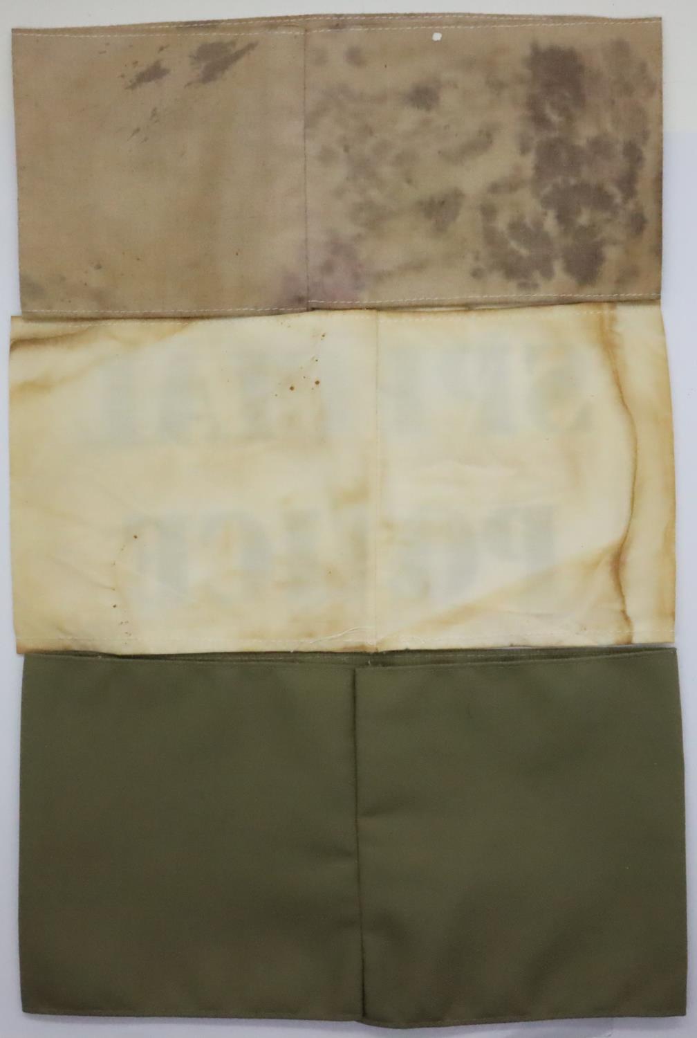 Home front interest; three aged replica printed cotton armbands; ARP, Special Police and Home Guard. - Image 2 of 2