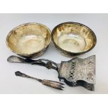 Silver plated pair of asparagus severs, pair of Elkington bowls and a pickle fork. P&P Group 2 (£