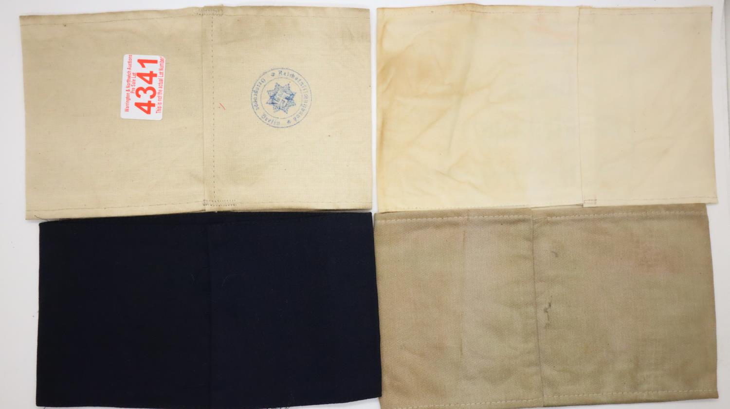 Four aged reproduction WWII printed cotton armbands, three German one British ARP. P&P Group 1 (£ - Image 2 of 2