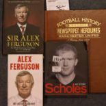 Manchester United: pen signed info card of Alex Stepney, and four MUFC related books. P&P Group