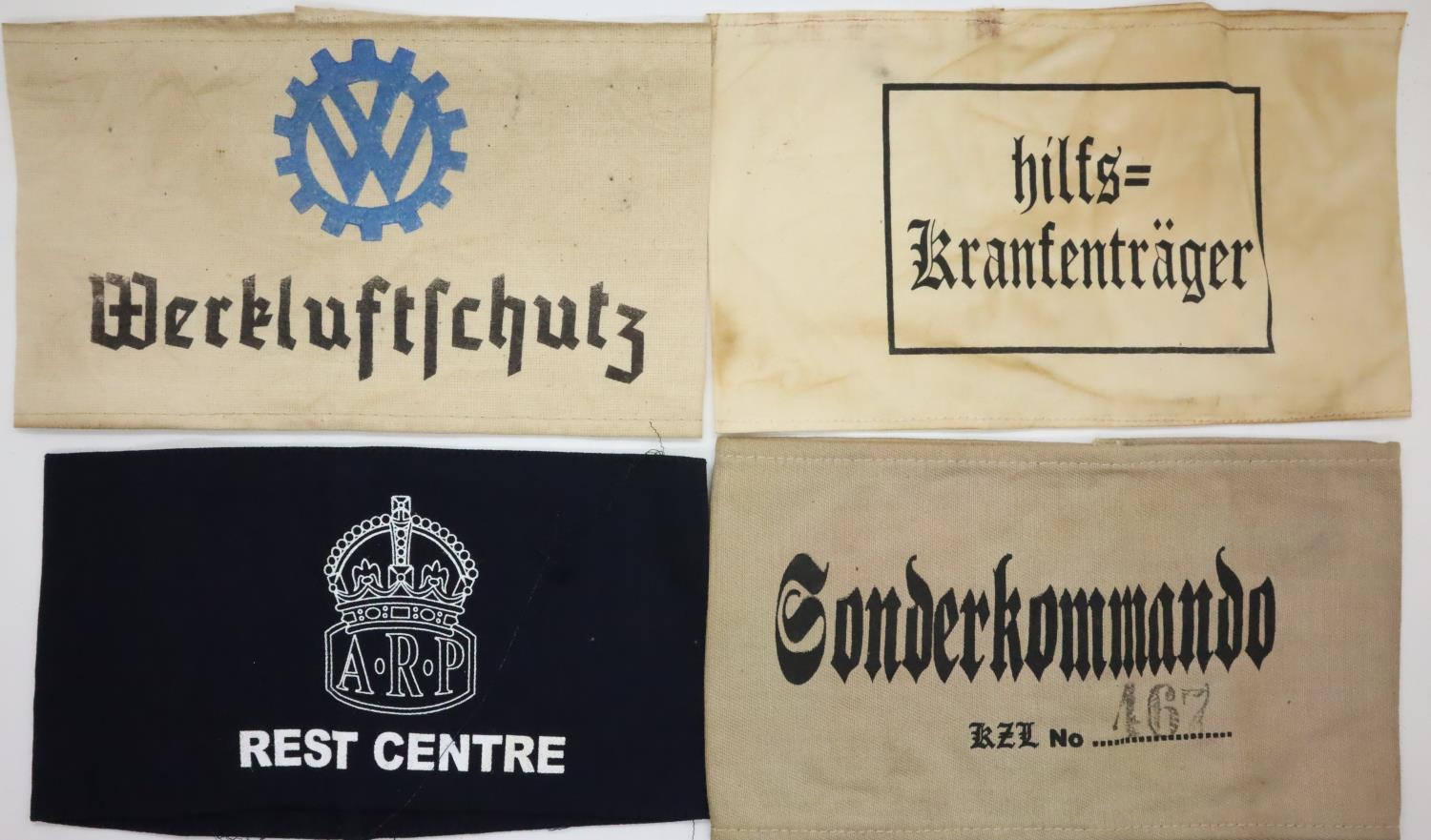 Four aged reproduction WWII printed cotton armbands, three German one British ARP. P&P Group 1 (£