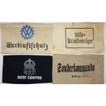 Four aged reproduction WWII printed cotton armbands, three German one British ARP. P&P Group 1 (£