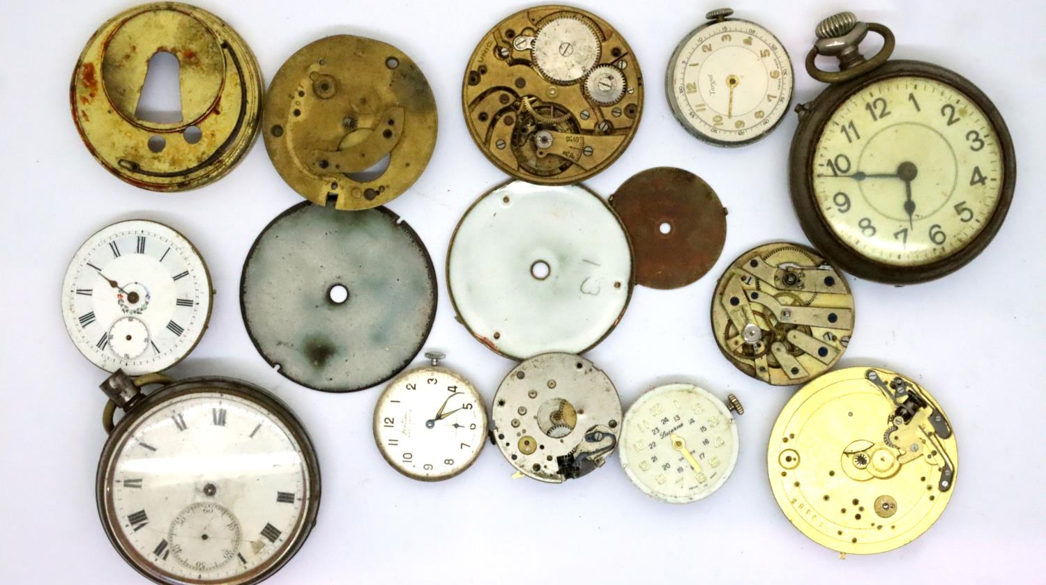 Two pocket watches, a hallmarked silver pocket watch case and a quantity of dials, movements etc.