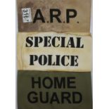 Home front interest; three aged replica printed cotton armbands; ARP, Special Police and Home Guard.