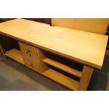 Large pine TV cupboard with two centre drawers and four shelves, 150 x 60 cm H. Not available for
