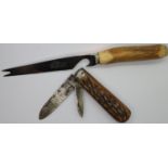 Antler handled twin blade Sheffield folding knife and a further knife. Not available for in-house