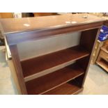 Mahogany three shelf book case, 91 x 28 x 122 cm. Not available for in-house P&P, contact Paul O'Hea