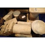 Selection of mixed raw marble blocks, cylinders, slats and other marble crafted items. Not available