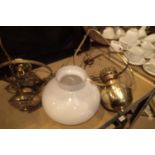 Two brass ceiling hanging light fittings with one white glass shade. Not available for in-house P&P,