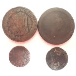 Anglesey Penny, 1773? Farthing, George III penny and an over stamped William IV farthing. P&P