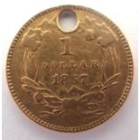 1857 gold $1 Indian head, holed. P&P Group 1 (£14+VAT for the first lot and £1+VAT for subsequent