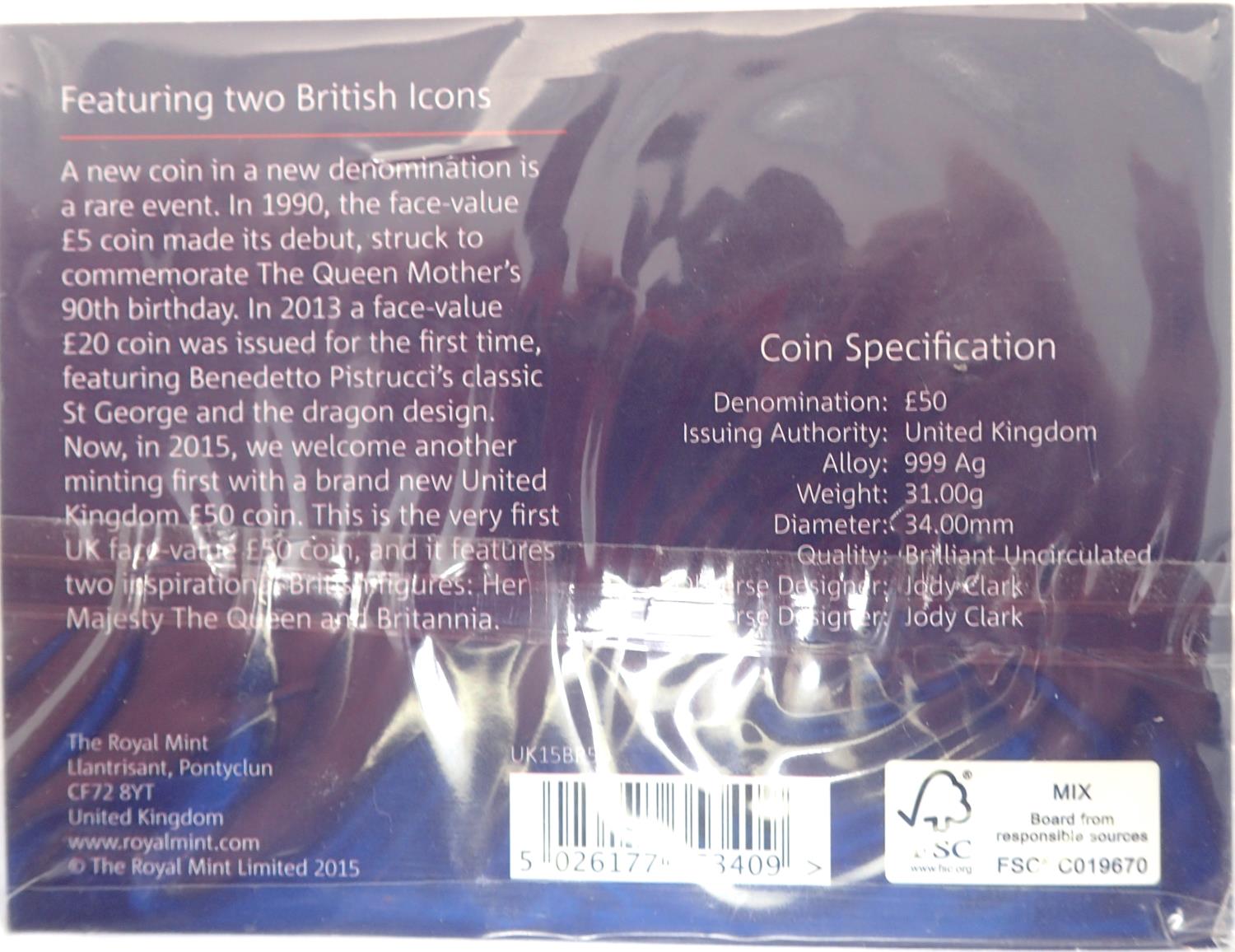 2015 silver proof uncirculated £50 coin, Britannia issue. P&P Group 1 (£14+VAT for the first lot and - Image 2 of 2
