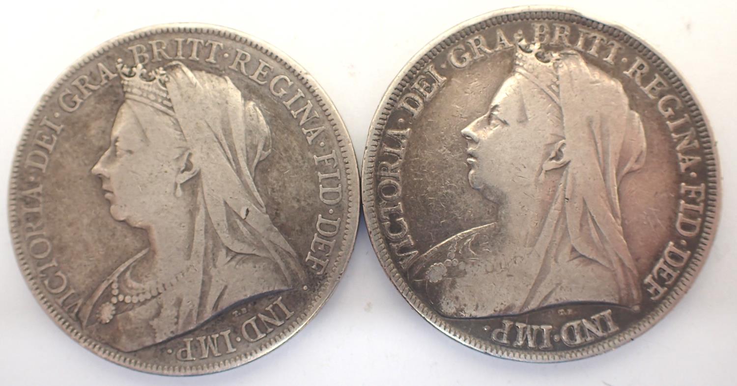 1896 and 1900 silver crowns of Queen Victoria (2). P&P Group 1 (£14+VAT for the first lot and £1+VAT - Image 2 of 2