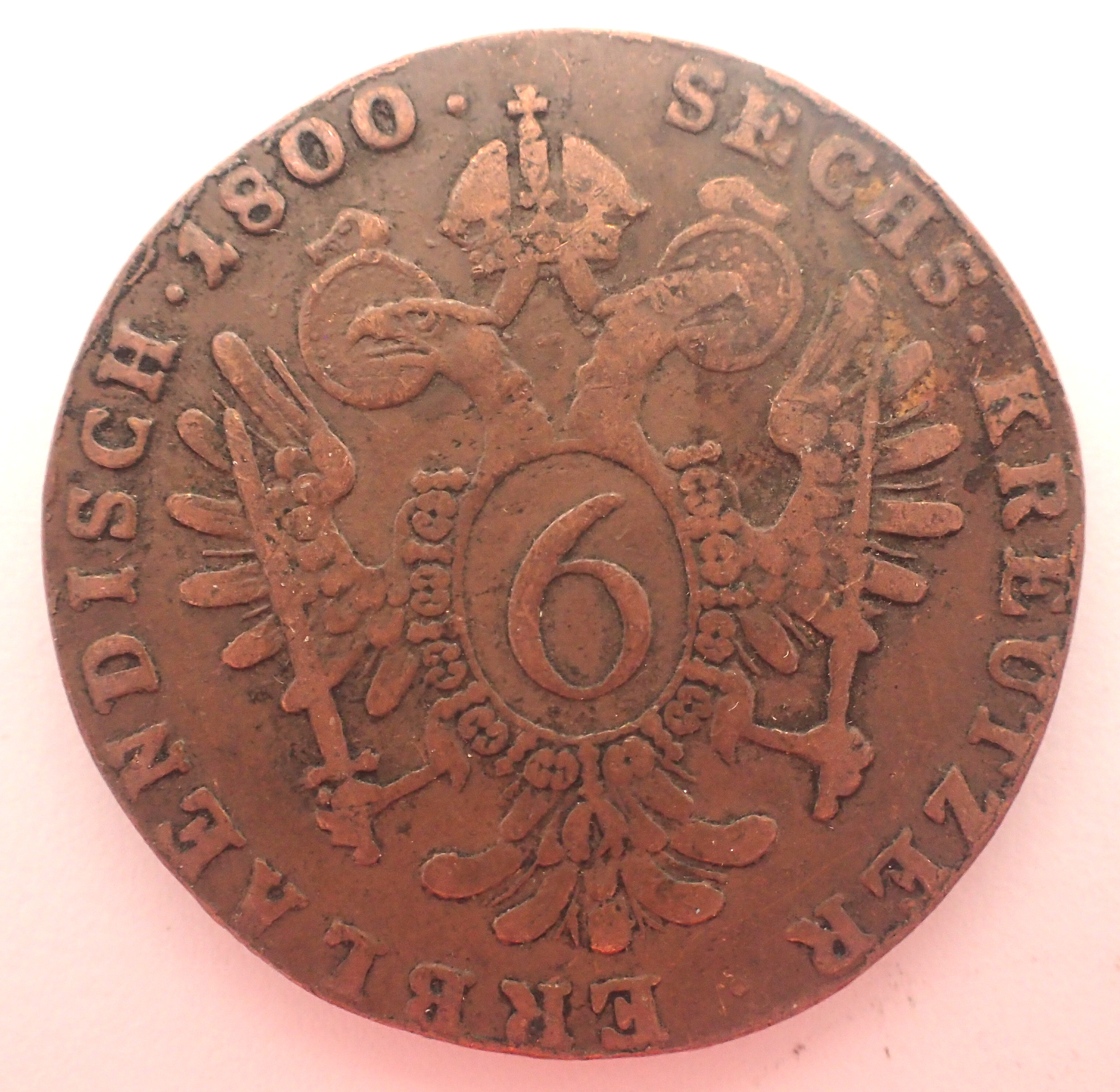 1800 Austrian 6 Kreuzer coin. P&P Group 1 (£14+VAT for the first lot and £1+VAT for subsequent lots) - Image 2 of 2