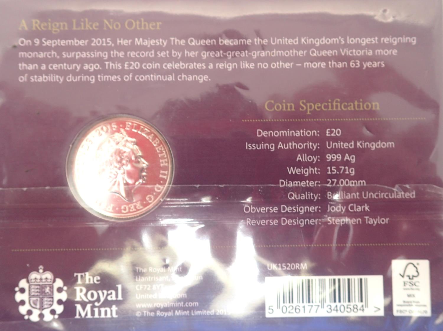 2015 silver proof uncirculated £20 coin, Longest Reigning Monarch. P&P Group 1 (£14+VAT for the - Image 2 of 2