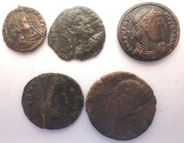 Five 4th century Roman coins. P&P Group 1 (£14+VAT for the first lot and £1+VAT for subsequent lots)