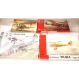 Four 1/72 scale bi-plane and WWI kits includes, Tiger Moth, Albatros, Eindecker, Boeing P-12E,