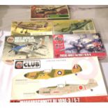 Six WWII Airfix aircraft kits, 1/48 scale ME109E and 1/72 scale FW190, Mustang, Beaufighter,