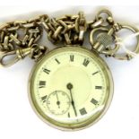 Nickel open face pocket watch and white metal chain, working at lotting. P&P Group 1 (£14+VAT for