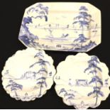 Contemporary blue and white dinner service comprising six plates and a dinner platter, each