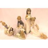 Four Nao girls with animals, largest H: 23 cm. Girl with dog missing left arm, otherwise no cracks