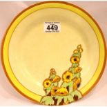 Clarice Cliff; a Bizarre painted cabinet plate in the Sunshine pattern, D: 22 cm. Repair to rim