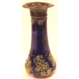 Royal Doulton glazed stoneware bottle vase with Chester hallmarked silver collar, H: 16 cm. Silver