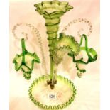 An Edwardian coloured glass epergne having two hanging baskets and two trumpet vases, overall H: