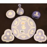 Six items of Wedgwood jasperware, five in powder blue. P&P Group 2 (£18+VAT for the first lot and £