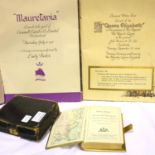Memorabilia relating to The Building of The Mauretania & Queen Elizabeth and a boxed Bible. P&P