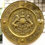 Large wall hanging brass armorial display plaque, D: 90 cm. Not available for in-house P&P,